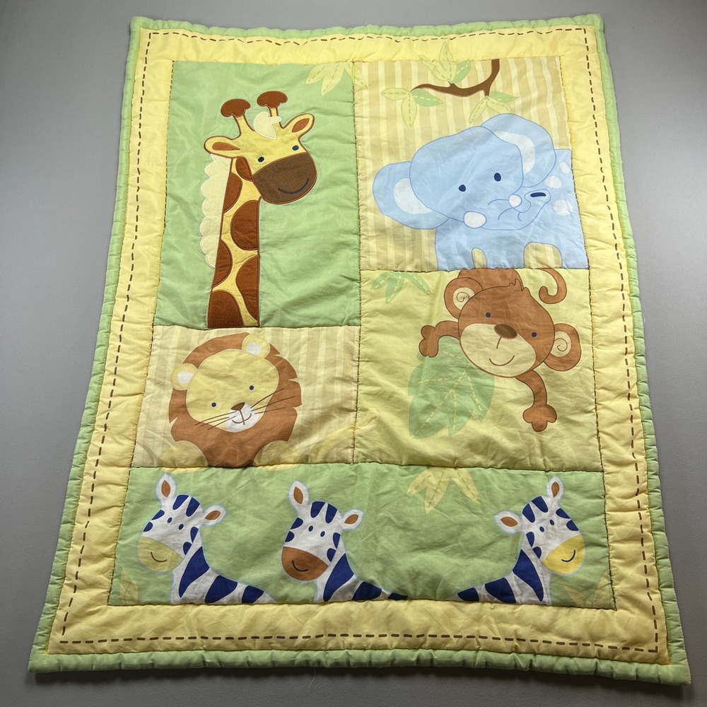 Fisher Price Precious Planet Baby Quilt Lion Monkey Zebra Nursery Bedding 43x33